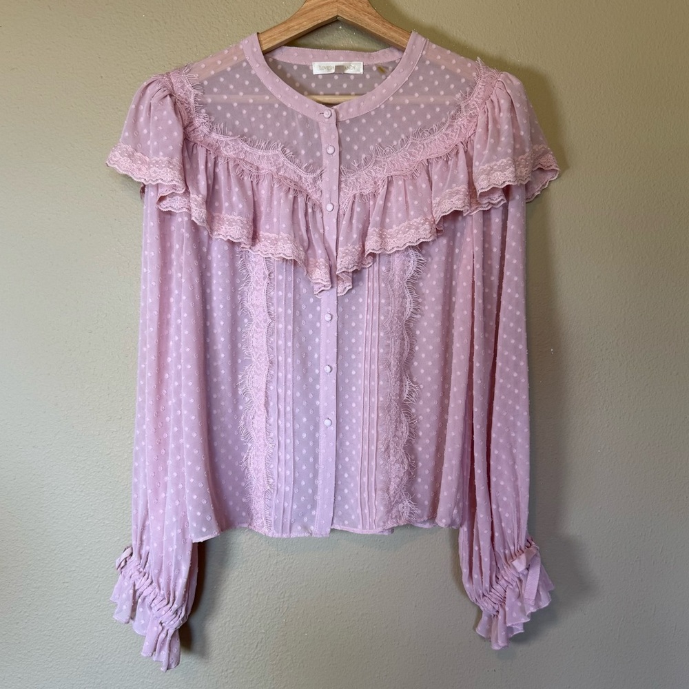 LoveShackFancy Pink Erica Ruffled Bib Collar Blouse Size Medium - Picture 2 of 6